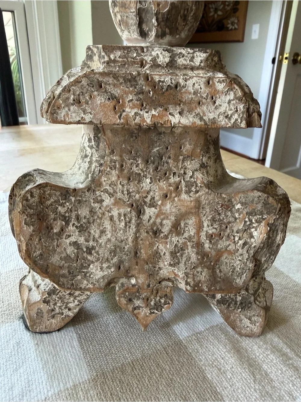 Antique Baroque Hand Carved Whitewashed Wooden Candlestick